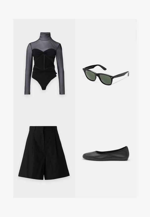 Monosuit negro con parte superior de manga larga transparente. Presenta un cuello alto, detalles fruncidos y un cierre frontal. Tejido suave con un diseño ajustado.; Pantalones cortos de tiro alto en negro con un diseño plisado, que cuentan con bolsillos laterales y una textura de tela suave. Líneas limpias y un ajuste a medida.; Bailarina de piel negra con punta redondeada, textura suave, detalle de costura minimalista y diseño de suela flexible.; Gafas de sol de plástico negro con lentes verdes, montura cuadrada, acento plateado en la ceja y brazos texturizados. Marca indicada en el brazo interno.