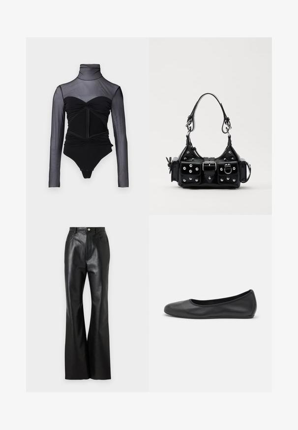 Czarny body z przezroczystymi, długimi rękawami. Posiada stójkę, marszczone detale oraz zamek z przodu. Gładki materiał o dopasowanym kroju.; Czarne skórzane spodnie o rozszerzanym kroju z gładkim wykończeniem, z kieszeniami z przodu i kontrastowym przeszyciem. Posiadają zapięcie na guzik i usztywniony pas.; Czarne skórzane baletki z zaokrąglonym noskiem, gładką fakturą, minimalnymi przeszyciami i elastycznym designem podeszwy.; Czarna skórzana torebka w zakrzywionym kształcie, z srebrnymi ćwiekami, klamrą i dwoma bocznymi kieszeniami. Regulowany pasek umożliwiający różne opcje noszenia.