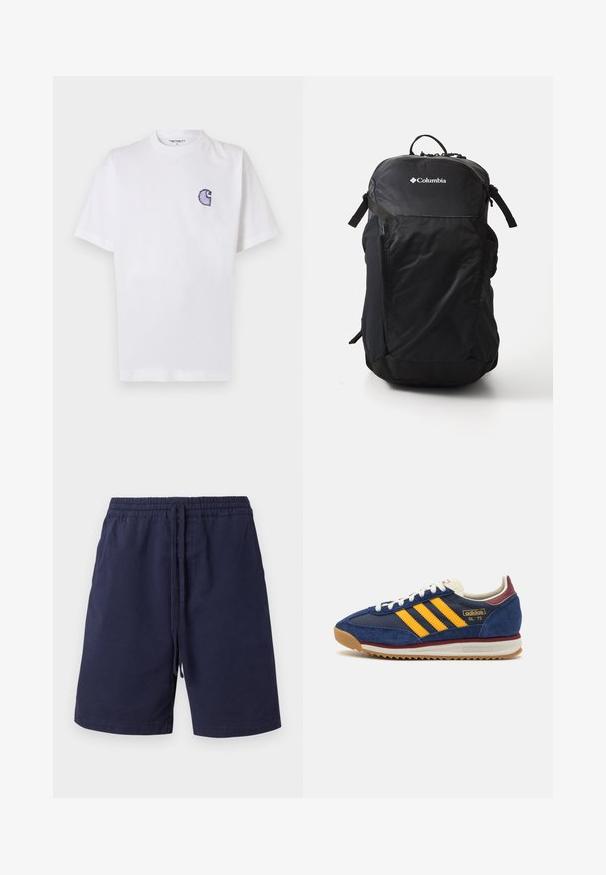 White cotton t-shirt with short sleeves, round neckline, and a small, embroidered blue "C" logo on the left chest area.; Navy blue shorts made of cotton, featuring an elastic waistband with drawstring, side pockets, and a straight leg design. No patterns.; Navy suede sneaker with yellow stripes, white laces, and burgundy accents. Textured sole with grooves for traction. Brand logo on side.; Black backpack featuring a smooth nylon material, a logo on the front, adjustable straps, and mesh side pockets for additional storage.