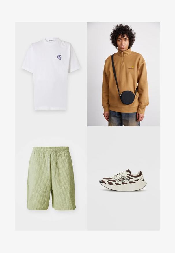 Bela bombažna majica s kratkimi rokavi, okrolim izrezom in majhnim, vezenim modrim logotipom "C" na levi strani prsnega koša.; Svetlo zelena kratka hlače iz teksturiranega materiala, z elastičnim pasom in stranskimi žepi. Oblika vključuje subtilen vaflasti vzorec.; Rjavi in smetanasti športni copat z mrežnim zgornjim delom, teksturiranimi prekrivnimi deli in zaobljenim, debelim belim podplatom. Ima nizko profilirano jezičko in vezalke.; Rjav polarni pulover s četrt zadrgo in vezenim logotipom, s črno krožno torbico za čez ramo z zadrgo in podrobnostmi logotipa, oblečen nad denimom.