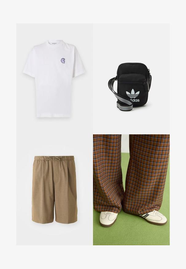 White cotton t-shirt with short sleeves, round neckline, and a small, embroidered blue "C" logo on the left chest area.; Brown pleated shorts with an elastic waistband and adjustable drawstring. Made from a smooth, lightweight fabric with straight-cut legs.; Brown and blue plaid wide-leg trousers paired with white shoes featuring black accents and textured soles, set against a green background.; Black fabric crossbody bag with a zipper closure, featuring a white Adidas logo and a striped adjustable strap for easy carrying.
