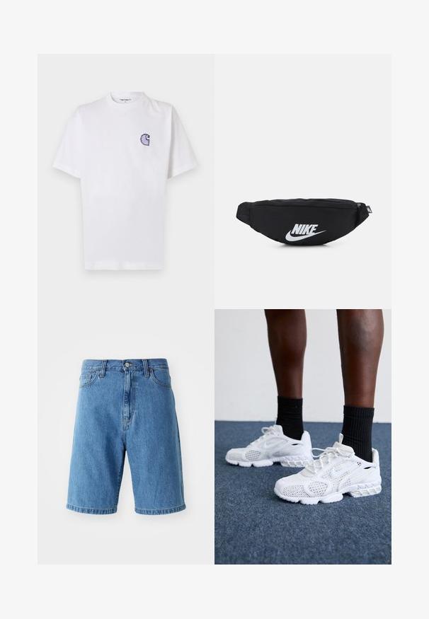 Camiseta blanca de algodón con mangas cortas, cuello redondo y un pequeño logo azul bordado en forma de "C" en el área del pecho izquierdo.; Shorts de mezclilla azul con un ajuste relajado, cinturilla con trabillas para el cinturón, cierre frontal con botón y dobladillos enrollados. Sin patrones ni acentos visibles.; Zapatillas deportivas blancas con parte superior de malla, acentos texturizados y suela acolchada. Combinadas con calcetines cortos de canalé negros sobre una superficie de moqueta azul.; Riñonera negra de nailon con cierre con cremallera, que presenta un gran logo blanco de Nike. Textura suave y diseño ergonómico para un uso cómodo.