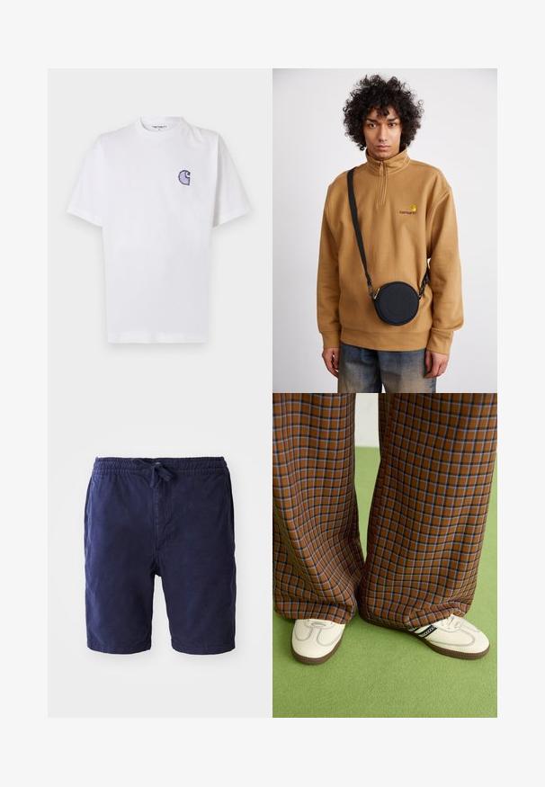 Άσπρο βαμβακερό t-shirt με κοντά μανίκια, στρογγυλή λαιμόκοψη και μικρό, κεντητό μπλε λογότυπο "C" στην αριστερή πλευρά του στήθους.; Ναυτικό μπλε σορτς με ελαστική μέση και ρυθμιζόμενο κορδόνι. Κατασκευασμένα από ελαφρύ ύφασμα, προσφέροντας άνετη εφαρμογή.; Καφέ και μπλε καρό παντελόνια με φαρδιά πόδια, σε συνδυασμό με λευκά παπούτσια που έχουν μαύρες λεπτομέρειες και υφασμάτινες σόλες, τοποθετημένα σε πράσινο φόντο.; Καφέ φλις πουλόβερ με κουμπί quarter-zip και κεντημένο λογότυπο, συνδυασμένο με μια μαύρη στρογγυλή τσάντα χιαστί με φερμουάρ και λεπτομέρεια λογότυπου, φορεμένο πάνω από τζιν.