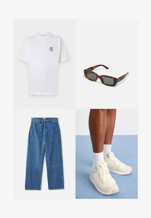 Baltas medvilninis marškinėlis trumpomis rankovėmis, apvalia iškirpte ir mažu siuvinėtu mėlynu „C“ logotipu kairėje krūtinės pusėje.; Mėlyni džinsiniai plačių kojų kelnių kontrastingomis siūlėmis, su aukštu liemeniu, didelėmis priekinėmis kišenėmis ir išskirtiniu aplikacijos dizaineriu.; Šviesiai smėlio spalvos sportiniai batai su tinklelio ir nubuko tekstūra. Yra logotipas, raištelio užsegimo dizainas ir paminkštintas padas. Dėvimi su baltais kojiniais.; Rudos pusiau kaulinės akinių rėmeliai su žaliais objektyvais. Stačiakampiai rėmeliai turi lygų paviršių ir šiek tiek lenktas šventyklas.