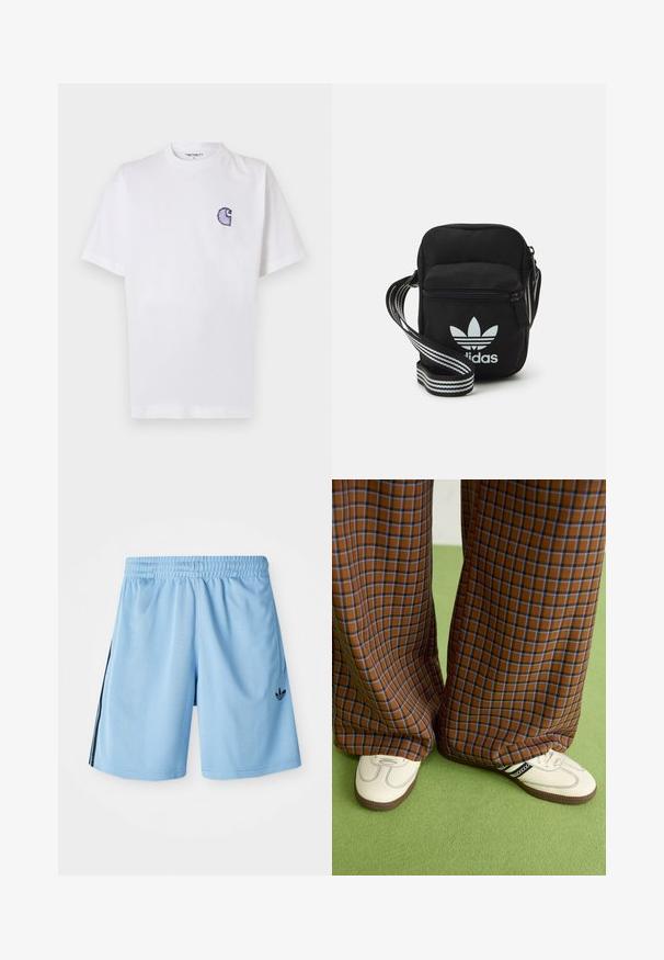 Baltas medvilninis marškinėlis trumpomis rankovėmis, apvalia iškirpte ir mažu siuvinėtu mėlynu „C“ logotipu kairėje krūtinės pusėje.; Šviesiai mėlyni sportiniai šortai, pagaminti iš lygaus audinio, su elastingu juosmeniu ir juodomis šoninėmis juostelėmis, ant apatinio kairiojo šono esant mažu juodu logotipu.; Rudos ir mėlynos langelinės plačios kelnės, derinamos su baltais batais su juodais akcentais ir tekstūruotais padais, prieš žalią foną.; Juodas audinio per petį nešiojamas krepšys su užtrauktuku, turintis baltą Adidas logotipą ir dryžuotą reguliuojamą diržą patogiam nešiojimui.
