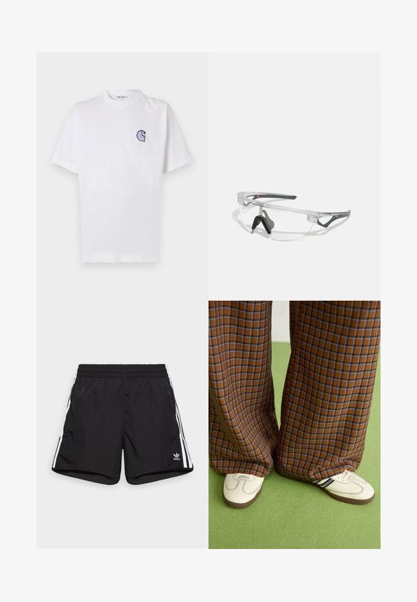Fehér pamut póló rövid ujjakkal, kerek nyakkivágással és egy kis, hímzett kék "C" logóval a bal mellrészen.; Fekete sportnadrágok, amelyek könnyű anyagból készültek, rugalmas derékpánttal, két fehér oldalsó csíkkal és egy kis logóval az alján.; Barna és kék kockás, bőrt lábú nadrág, fehér cipővel, fekete részletekkel és texturált talppal, zöld háttér előtt.; Áttetsző, könnyű keretes biztonsági szemüveg szürke kiegészítőkkel. Wraparound kialakítással és állítható orrnyereggel rendelkezik.