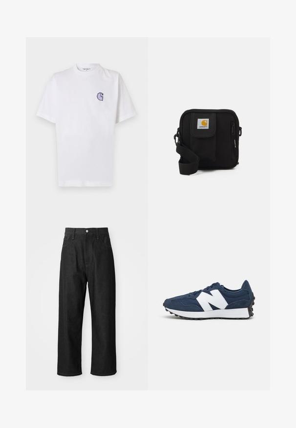 Bela bombažna majica s kratkimi rokavi, okrolim izrezom in majhnim, vezenim modrim logotipom "C" na levi strani prsnega koša.; Črne jeans hlače z ohlapnim krojem, visokim pasom, zadrgo in pet-pocket zasnovo. Vidne šive poudarjajo celoten videz.; Mornarske modre športne čevlje z belim logotipom, z zgornjim delom iz žameta in mrežaste tkanine, z oblazinjeno ovratnikom, ravnimi vezalkami in teksturiranega črnega gumijastega podplata.; Črna torba čez ramo z zadrgo v glavni preddverju, sprednjim žepom, nastavljivim trakom in vidno oznako na pokrovu.