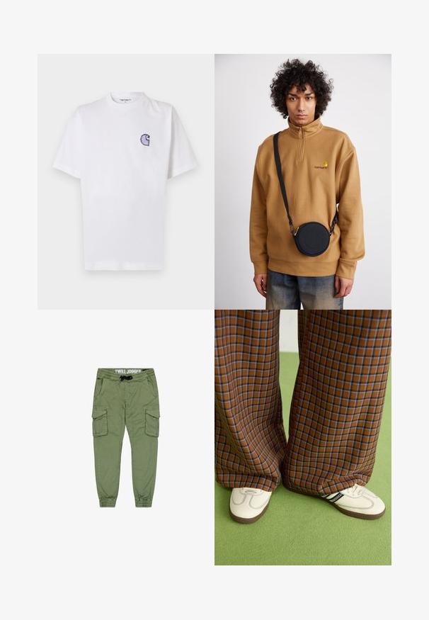Hvit bomulls-T-skjorte med korte ermer, rund hals og en liten, brodert blå "C"-logo på venstre brystområde.; Oliven grønne twill joggere med elastiske cuffs, snor i midjen og flere cargo-lommer for ekstra oppbevaring. Glatt, slitesterkt stoff.; Brune og blå rutete vide bukser sammen med hvite sko med svarte detaljer og teksturerte såler, satt mot en grønn bakgrunn.; Brun kvart-zip fleece genser med brodert logo, med en svart rund crossbody bag med glidelås og logodetalj, båret over denim.