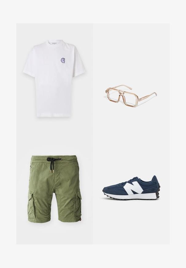 Balts kokvilnas T-krekls ar īsām piedurknēm, apaļu kakla izgriezumu un nelielu izšūtu zilu "C" logotipu kreisajā krūšu daļā.; Olīvu zaļi kokvilnas kroku šorti ar sānu kabatām, stiepes jostu ar zelta apdari un mīkstu, teksturētu apdari.; Jūras zila sportiskā apavi ar baltu logo, zamša un acu augšdaļa, ar mīkstu apkakli, plakaniem šņores un strukturētu melnu gumijas zoli.; Caurejas, kas ir sešstūra formas un caurspīdīgas, ar gaiši brūniem toņiem; resni, caurspīdīgi apmali un plānas kājiņas; nav redzamu logo vai rakstu.