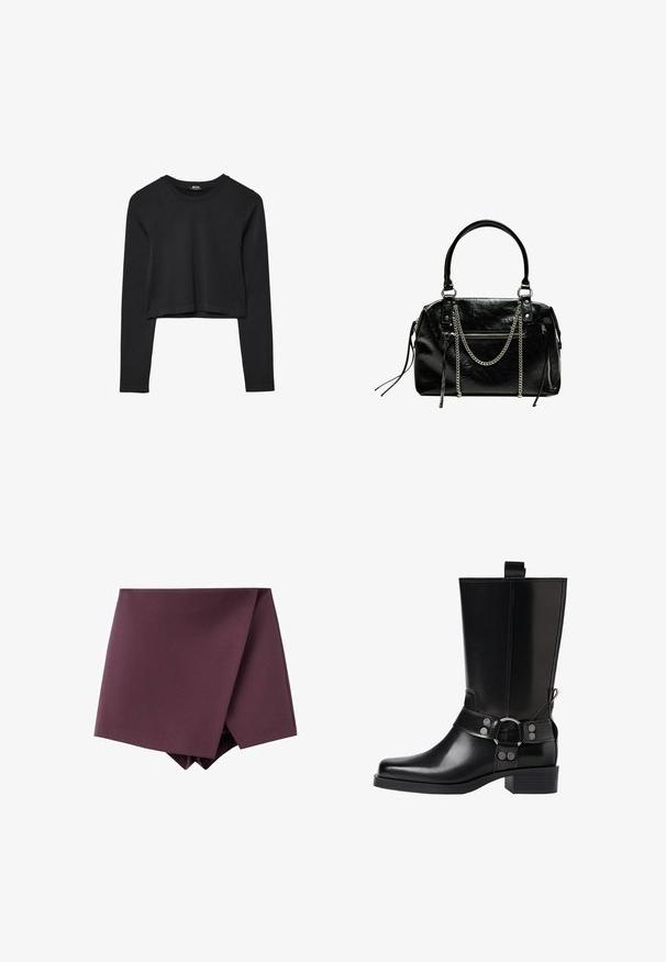 Sort langærmet cropped top med rund halsudskæring, ensfarvet design og let buet kant.; Mørk lilla asymmetrisk miniskørt med et wrap front design og en glat stoftekstur.; Sort læderknæhøj støvle med spids tå, sølv spænde detaljer og en robust hæl. Har en trækflap for nem påtagning.; Bershka WITH CHAIN - Håndtasker - black
