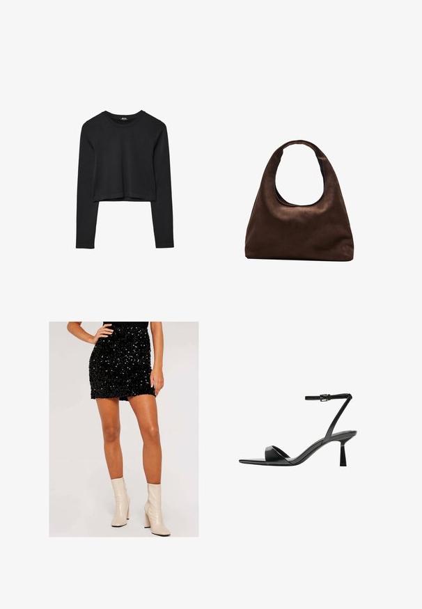 Top cropped nero a maniche lunghe con scollatura tonda, design semplice e orlo leggermente curvo.; Mini gonna nera con paillettes, design aderente, dal tocco morbido. Abbinata a stivali alla caviglia beige con zip e tacco a blocco.; Bershka Sandali con tacco - black; Borsa hobo di un morbido marrone con una sola tracolla larga e un'apertura a manico curvo, esposta su uno sfondo bianco.