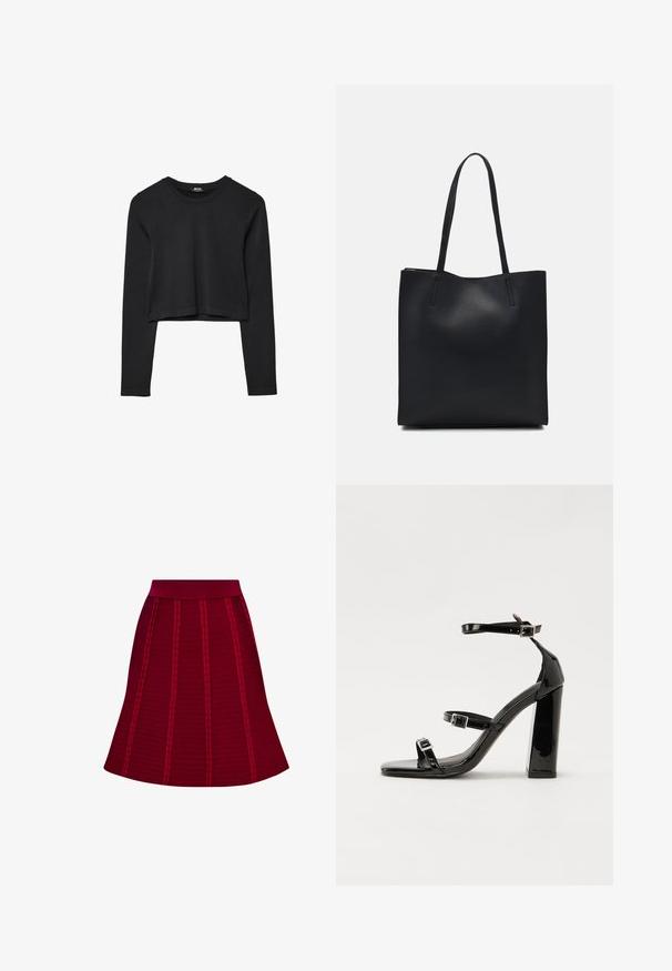 Schwarzes, langärmliges, kurz geschnittenes Oberteil mit Rundhalsausschnitt, schlichter Gestaltung und leicht abgerundetem Saum.; Roter strukturierter Rock mit einem breiten Taillenbund, ausgestellter Form und vertikalen Rippmustern mit subtilen Akzenten.; Schwarze Lackleder-Sandalen mit hohen Absätzen, zwei Riemen mit Schnallen, quadratischer Zehenpartie und klobigem Blockabsatz, mit einer glatten, glänzenden Textur.; Schwarze Laptoptasche aus Leder mit glatter Textur, rechteckiger Form und zwei langen Griffen. Keine sichtbaren Beschläge oder Verzierungen.