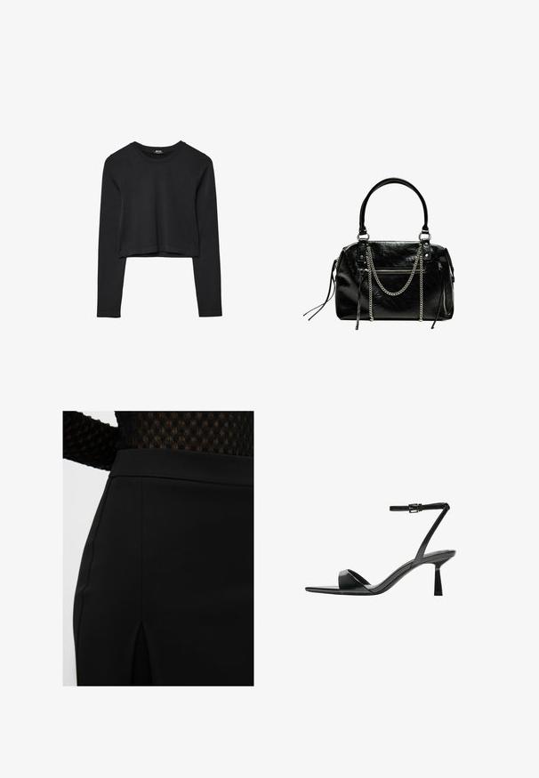 Top cropped nero a maniche lunghe con scollatura tonda, design semplice e orlo leggermente curvo.; Gonna nera con tessuto liscio e design elegante, con una fessura laterale e linee pulite, accentuata da una vita aderente.; Bershka Sandali con tacco - black; Bershka WITH CHAIN - Borsa a mano - black