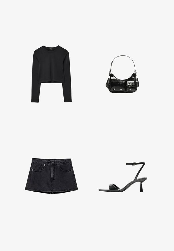 Haut court à manches longues noir avec encolure ronde, design uni et ourlet légèrement arrondi.; Jupe en denim noir avec une taille cintrée, un design à cinq poches, une fermeture traditionnelle par bouton et zip, et un ourlet légèrement évasé.; Bershka Sandales à talons hauts - black; Sac à main en cuir verni noir avec une forme incurvée, une bandoulière, des poches avant et des accents en métal argenté.