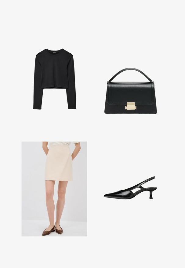 Black long-sleeve cropped top with round neckline, plain design, and a slightly curved hem.; Light beige mini skirt with a textured finish, a streamlined silhouette, and a waistband, paired with brown slip-on shoes.; Black patent leather slingback heels with a pointed toe, cut-out side design, and a small square heel. Smooth texture with minimal accents.; Black leather handbag with a structured design, top handle, and a gold metal clasp detail on the front. Smooth texture, minimal stitching.