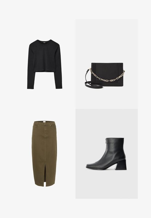 Mustat pitkät hihat lyhyt toppi, jossa on pyöreä kaula-aukko, yksinkertainen muotoilu ja hieman kaareva helma.; Oliivinvihreä farkkuhame, polvipituinen, edessä halkio, vyölenkit ja kaksi etutaskua, joissa on huomaamattomat ompeluaccentit.; Mustat nahka nilkkurit, joissa on nelikulmainen kärki, sivuvetoketju ja lohkarekorko, taustalla vaalea yksinkertainen tausta.; Musta nahkainen olkalaukku, jossa on sileä pinta, suorakulmainen muoto ja metalliketju yksityiskohtana edessä. Mukana säädettävä hihna.