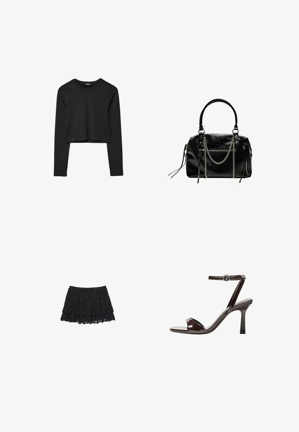Top cropped nero a maniche lunghe con scollatura tonda, design semplice e orlo leggermente curvo.; Gonna in pizzo nero con un design a strati, caratterizzata da una superficie texturizzata e un orlo scalloppato. Vita elasticizzata per una vestibilità comoda.; Sandalini con tacco alto in pelle verniciata marrone, con cinturino alla caviglia, punta aperta e un design elegante e minimalista. Presentano un tacco quadrato.; Bershka WITH CHAIN - Borsa a mano - black