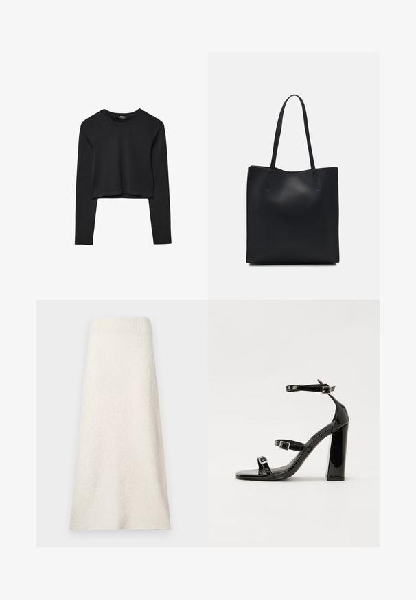 Crni dugi rukav uski crop top s okruglim izrezom, jednostavnog dizajna i blago zakrivljenim rubom.; Suđeni suknja od kremaste boje do koljena, izrađena od teksturiranog materijala, s rebrastim pojasom i slobodnim, lepršavim dizajnom.; Crne lakirane sandale na pete sa kvadratnim nosom, trakama oko gležnja i srebrnim kopčama. Imaju čvrst blok petu za stabilnost.; Crna kožna torba za nošenje s glatkom teksturom, pravokutnim oblikom i dvije duge ručke. Nema vidljivih metalnih dijelova ili ukrasa.