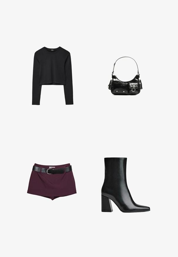 Czarny krótki top z długim rękawem, okrągłym dekoltem, gładkim wzorem i lekko zaokrąglonym dołem.; Bordowe szorty z czarnym skórzanym paskiem. Projekt cechuje gładka tekstura i dopasowany krój, z szerokim paskiem zapinanym na klamrę.; Czarne skórzane botki za kostkę z wydłużonym noskiem i wysokim blokowym obcasem. Gładka faktura z elegancką sylwetką i solidną konstrukcją podstawy.; Czarna torebka z lakierowanej skóry o zaokrąglonym kształcie, z jednym paskiem na ramię, przednimi kieszeniami i akcentami w kolorze srebrnym.