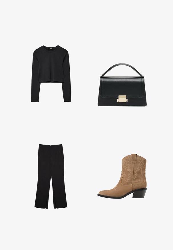 Svart långärmad croppad topp med rund halsringning, enkel design och en något rundad nederkant.; Svarta byxor med rak passform, utrustade med framfickor och sidoklyvningar vid fållen. Tillverkade av mjukt, slätt tyg. Lämpliga för olika tillfällen.; Bruna mockaskinns westernankelstövlar med spetsig tå, broderad design och en låg, staplad svart klack. Har dragflikar för enkel påtagning.; Svart läderhandväska med en strukturerad design, handtag upptill och en detalj i guldmetalllås på framsidan. Slät yta, minimal sömnad.