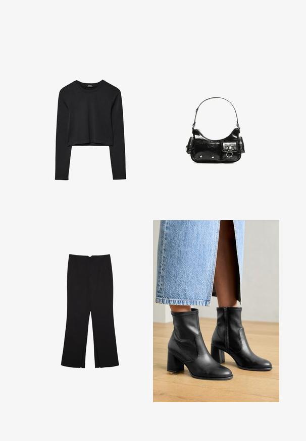 Črna dolgi rokavi prerezana majica s krožnim izrezom, enostaven dizajn in rahlo ukrivljen rob.; Črne hlače ravnega kroja z naglavnimi žepi in stranskimi razporki na robu. Narejene iz mehke, gladke tkanine. Primerne za različne priložnosti.; Črne usnjene gležnjarje z blok peto, z elastinimi stranskimi pannami in gladkim finišem, oblečene s svetlo modro jeans krilo.; Črna lakasta usnjena torbica s ukrivljeno obliko, enim ramenskim trakom, sprednjimi žepi in srebrnimi kovinskimi dodatki.