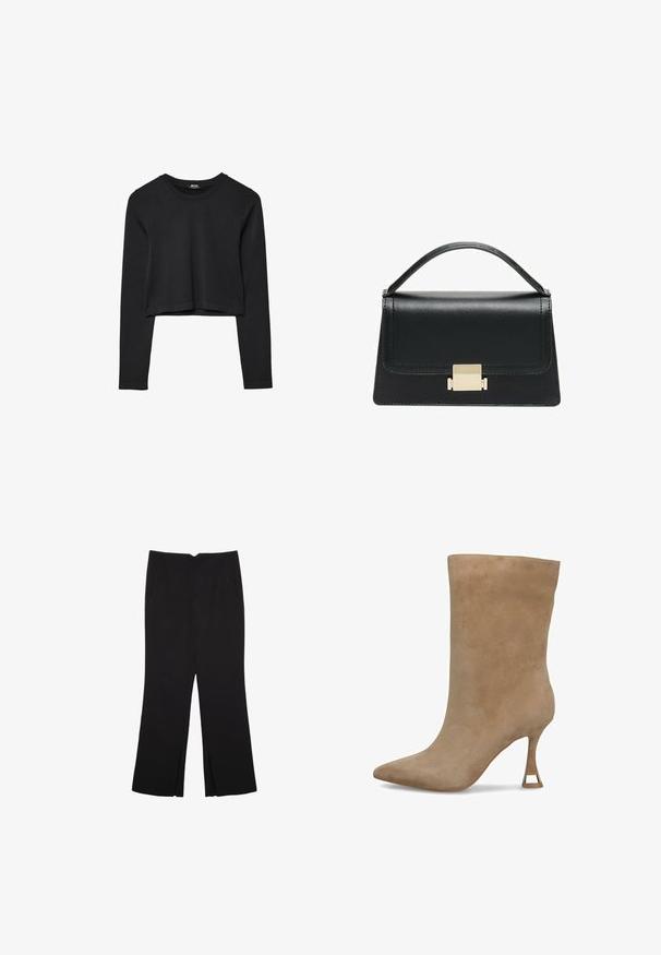 Schwarzes, langärmliges, kurz geschnittenes Oberteil mit Rundhalsausschnitt, schlichter Gestaltung und leicht abgerundetem Saum.; Schwarze Hose mit geradem Schnitt, ausgestattet mit Fronttaschen und Seitenschlitzen am Saum. Hergestellt aus weichem, glattem Stoff. Geeignet für verschiedene Anlässe.; Beige Wildleder-Ankle-Boot mit spitzem Zehenbereich, schmalem Schaft und schmalem, hohem Absatz mit einem goldfarbenen Akzent an der Basis.; Schwarze Lederhandtasche mit strukturiertem Design, oberem Griff und einem goldenen Metallschnappverschluss auf der Vorderseite. Glatte Textur, minimale Nähte.