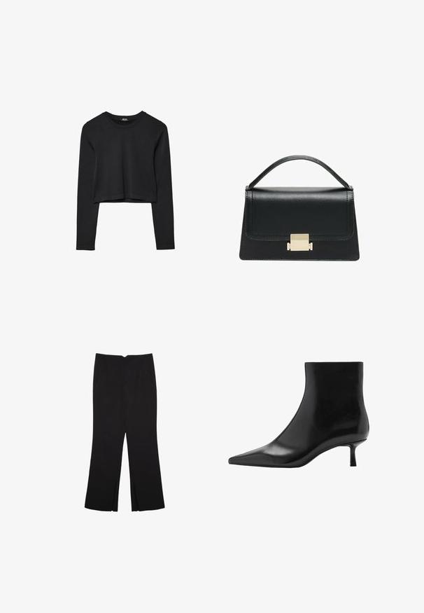 Top cropped nero a maniche lunghe con scollatura tonda, design semplice e orlo leggermente curvo.; Pantaloni neri a gamba dritta, con tasche frontali e spacchi laterali all'orlo. Realizzati in tessuto morbido e liscio. Adatti a diverse occasioni.; Mango Tronchetti - black; Borsa a tracolla in pelle nera con design strutturato, manico superiore e dettaglio in metallo dorato sulla parte frontale. Texture liscia, cuciture minime.