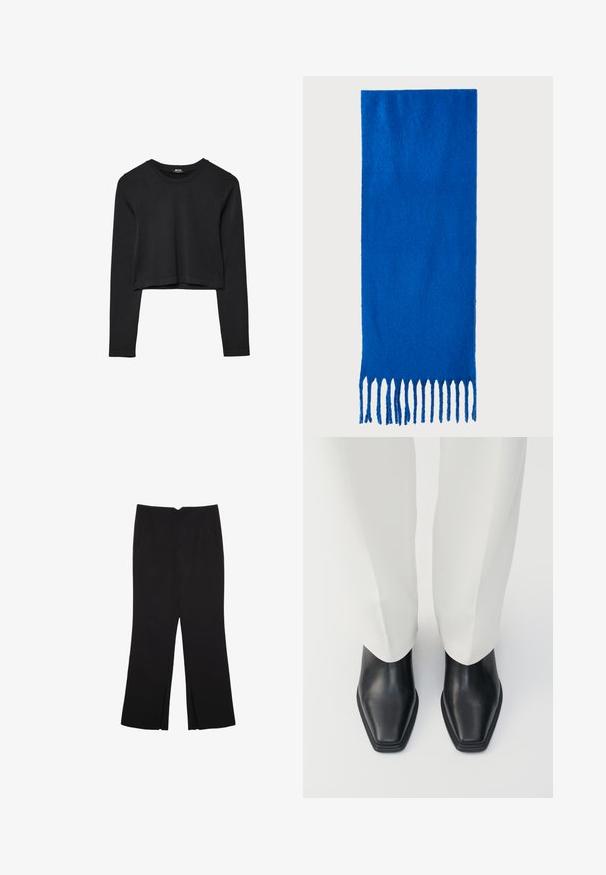Czarny krótki top z długim rękawem, okrągłym dekoltem, gładkim wzorem i lekko zaokrąglonym dołem.; Czarne spodnie o prostym kroju, z przednimi kieszeniami i bocznymi rozcięciami na dole. Wykonane z miękkiego, gładkiego materiału. Odpowiednie na różne okazje.; Czarne skórzane botki za kostkę z wysmukłym noskiem i niskim, ściśniętym obcasem, w połączeniu z białymi spodniami o szerokich nogawkach. Gładka tekstura, elegancki design.; Niebieski szalik z frędzlami wykonany z miękkiego materiału; ma jednolity kolor z teksturowaną powierzchnią i równomiernie przyciętymi frędzlami na dole.; Czarna skórzana torebka o zorganizowanej konstrukcji, z górną rączką i złotym metalowym zapięciem z przodu. Gładka faktura, minimalne przeszycia.