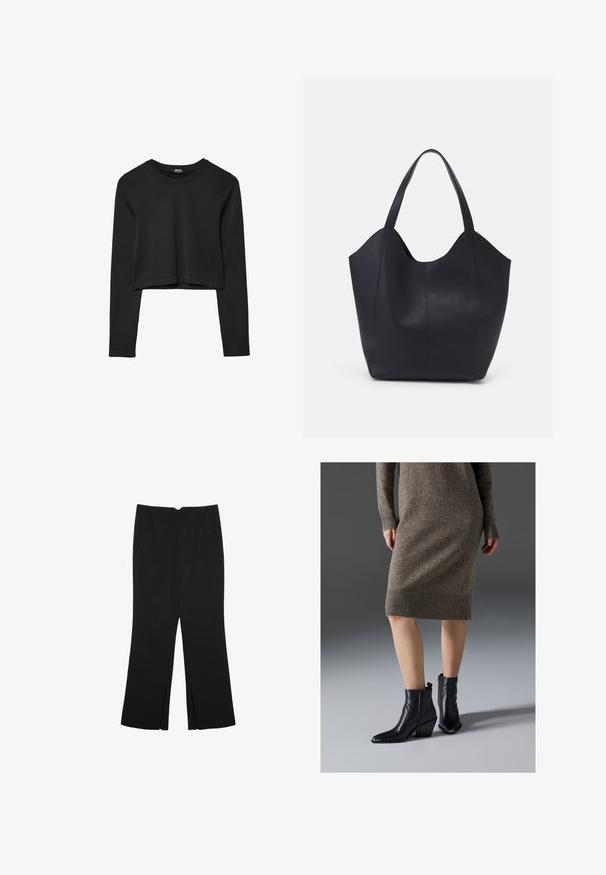 Crni dugi rukav uski crop top s okruglim izrezom, jednostavnog dizajna i blago zakrivljenim rubom.; Crne hlače ravnog kroja, s prednjim džepovima i bočnim prorezima na rubu. Izrađene od mekog i glatkog materijala. Pogodne za razne prigode.; Crne kožne gležnjače s izduženim vrhom, debelim potplatom i detaljima šavova u zig-zag obliku, uparene s rebrastom, smeškastom pletenom haljinom.; Crna torba od glatke kože, s zakrivljenim otvorenim vrhom, dva remena za rame i minimalističkim dizajnom.