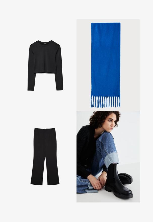 Schwarzes, langärmliges, kurz geschnittenes Oberteil mit Rundhalsausschnitt, schlichter Gestaltung und leicht abgerundetem Saum.; Schwarze Hose mit geradem Schnitt, ausgestattet mit Fronttaschen und Seitenschlitzen am Saum. Hergestellt aus weichem, glattem Stoff. Geeignet für verschiedene Anlässe.; Schwarze Knöchelstiefel mit elastischen seitlichen Einsätzen, dicker Sohle und quadratischer Zehenform. Getragen mit ausgebleichten blauen Jeans mit einem fransigen Saum.; Blauer gefranster Schal aus weichem Stoff; hat eine einfarbige Oberfläche mit strukturierter Textur und gleichmäßig geschnittenem Fransen am unteren Ende.; Schwarze Lederhandtasche mit strukturiertem Design, oberem Griff und einem goldenen Metallschnappverschluss auf der Vorderseite. Glatte Textur, minimale Nähte.