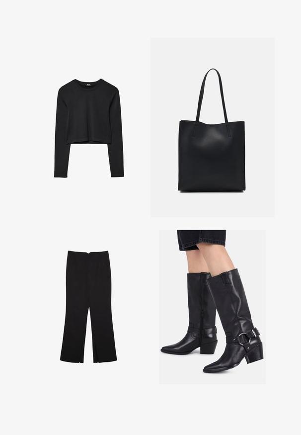 Czarny krótki top z długim rękawem, okrągłym dekoltem, gładkim wzorem i lekko zaokrąglonym dołem.; Czarne spodnie o prostym kroju, z przednimi kieszeniami i bocznymi rozcięciami na dole. Wykonane z miękkiego, gładkiego materiału. Odpowiednie na różne okazje.; Czarne skórzane buty do kolan z kwadratowymi noskami, bocznym zamkiem błyskawicznym i dekoracyjnym paskiem z okrągłą klamrą. Lekko teksturowane wykończenie.; Czarna skórzana torba tote o gładkiej fakturze, prostokątnym kształcie i dwóch długich uchwytach. Brak widocznych elementów metalowych i ozdób.