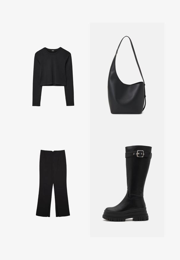 Crni dugi rukav uski crop top s okruglim izrezom, jednostavnog dizajna i blago zakrivljenim rubom.; Crne hlače ravnog kroja, s prednjim džepovima i bočnim prorezima na rubu. Izrađene od mekog i glatkog materijala. Pogodne za razne prigode.; Crne čizme do koljena od glatke kože s debelim gumenim potplatom i metalnom kopčom na gornjoj traci.; Crna kožna hobo torba s glatkom teksturom, zakrivljenim oblikom i jednom podesivom trakicom; ima širok otvor na vrhu.