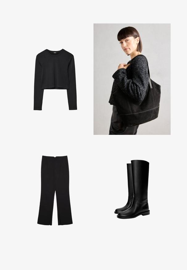 Černý dlouhý rukáv cropped top s kulatým výstřihem, jednoduchý design a mírně zaoblený lem.; Černé kalhoty s rovným střihem, s předními kapsami a bočními rozparky na lemu. Vyrobené z jemné, hladké tkaniny. Vhodné na různé příležitosti.; Černé kožené boty po kolena s hladkým povrchem, kulatou špičkou, plochou podrážkou a minimalistickým designem, s prošívanými švy a bez viditelného kování.; Černá semišová taška přes rameno s hladkým povrchem, strukturovaným tvarem a kontrastním prošíváním. Má dlouhé popruhy pro nošení přes rameno.