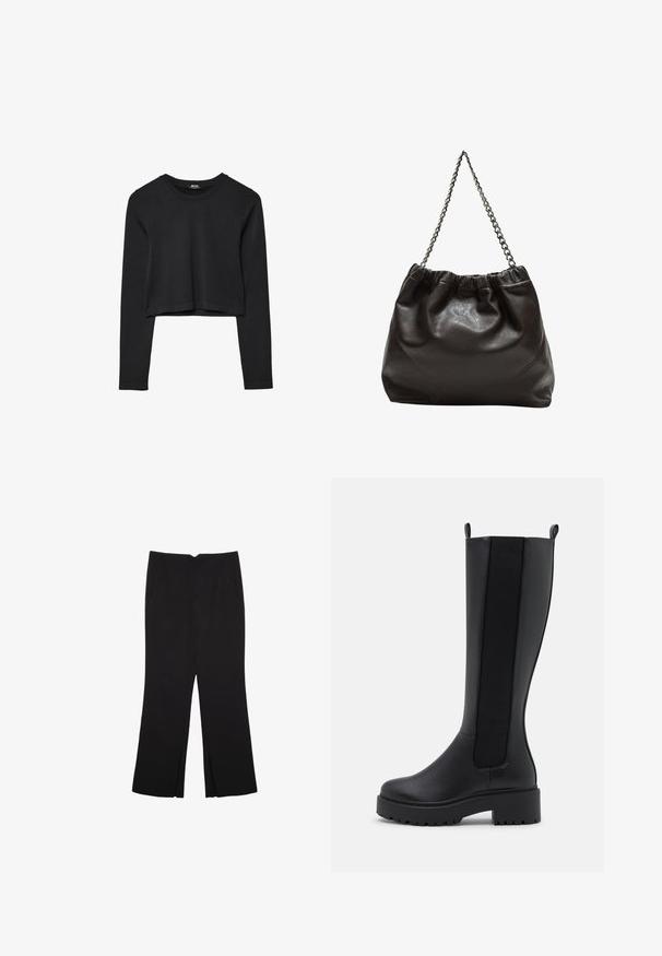 Mustat pitkät hihat lyhyt toppi, jossa on pyöreä kaula-aukko, yksinkertainen muotoilu ja hieman kaareva helma.; Mustat housut suoralinjaisella leikkauksella, joissa on etutaskut ja sivurei'ät helman alla. Valmistettu pehmeästä ja sileästä kankaasta. Sopii eri tilaisuuksiin.; Musta polvipitkä saapas, jossa on sileä nahkapinta, elastiset sivupaneelit ja paksu, teksturoitu pohja pitoa varten.; Ruskea nahkainen laukku, jossa on kerätty yläosa ja ketjuhihna. Tasainen pinta, jossa kiiltävä viimeistely ja hienovaraiset sauman yksityiskohdat sivuilla.