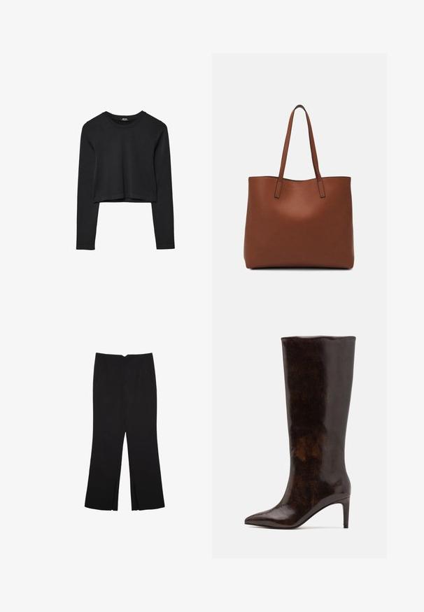 Schwarzes, langärmliges, kurz geschnittenes Oberteil mit Rundhalsausschnitt, schlichter Gestaltung und leicht abgerundetem Saum.; Schwarze Hose mit geradem Schnitt, ausgestattet mit Fronttaschen und Seitenschlitzen am Saum. Hergestellt aus weichem, glattem Stoff. Geeignet für verschiedene Anlässe.; Call it Spring RHODDE - High Heel Stiefel - medium brown; Braune Leder-Tote mit glatter Textur, offenem Oberteil und zwei Schulterriemen. Verfügt über minimale Nähte und keine sichtbaren Beschläge.