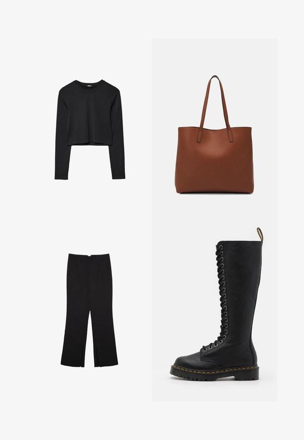 Haut court à manches longues noir avec encolure ronde, design uni et ourlet légèrement arrondi.; Pantalon noir avec une coupe droite, doté de poches avant et d'éclairs sur l'ourlet. Fabriqué en tissu doux et lisse. Convient à diverses occasions.; Bottes en cuir noires jusqu'aux genoux avec une semelle épaisse, dotées d'un laçage à l'avant, d'œillets en métal et de coutures jaunes contrastantes.; Sac fourre-tout en cuir marron avec une texture lisse, design à ouverture supérieure et deux poignées pour le porter à l'épaule. Présente des coutures minimales et aucun matériel visible.