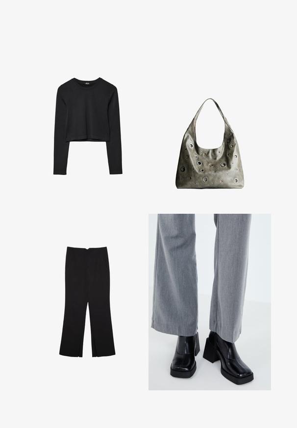 Czarny krótki top z długim rękawem, okrągłym dekoltem, gładkim wzorem i lekko zaokrąglonym dołem.; Czarne spodnie o prostym kroju, z przednimi kieszeniami i bocznymi rozcięciami na dole. Wykonane z miękkiego, gładkiego materiału. Odpowiednie na różne okazje.; Czarny botek na obcasie z kwadratowym czubkiem, gładkie skórzane wykończenie i masywną platformą. Połączony z jasnoszarymi spodniami o szerokich nogawkach.; Oliwkowa skórzana torebka o luźnym fasonie, z różnej wielkości okrągłymi wycięciami i akcentami w ciemniejszych i jaśniejszych odcieniach.