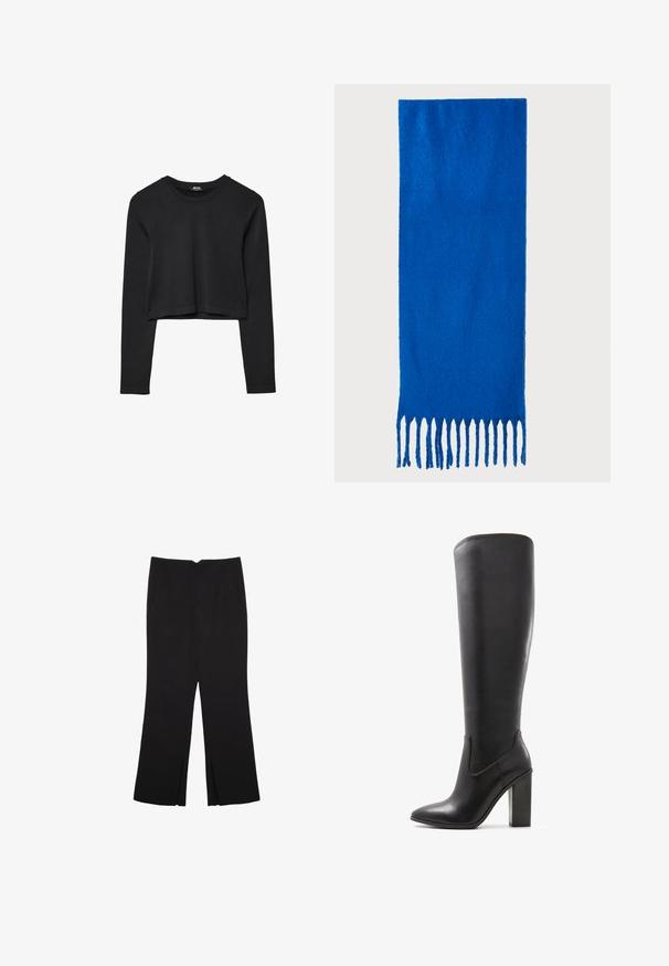 Haut court à manches longues noir avec encolure ronde, design uni et ourlet légèrement arrondi.; Pantalon noir avec une coupe droite, doté de poches avant et d'éclairs sur l'ourlet. Fabriqué en tissu doux et lisse. Convient à diverses occasions.; ALDO PILLOW WALK PULL ON GLAJAR - Bottes à talons hauts - black; Écharpe bleue à franges en tissu doux ; présente une couleur unie avec une surface texturée et des franges uniformément coupées en bas.; Sac à main en cuir noir au design structuré, avec une poignée supérieure et un détail de fermoir en métal doré à l'avant. Texture lisse, couture minimale.