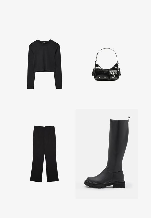 Czarny krótki top z długim rękawem, okrągłym dekoltem, gładkim wzorem i lekko zaokrąglonym dołem.; Czarne spodnie o prostym kroju, z przednimi kieszeniami i bocznymi rozcięciami na dole. Wykonane z miękkiego, gładkiego materiału. Odpowiednie na różne okazje.; Czarne kozaki do kolan wykonane z gładkiego, matowego materiału, z masywną podeszwą, zaokrąglonym noskiem i pętelką na górze ułatwiającą zakładanie.; Czarna torebka z lakierowanej skóry o zaokrąglonym kształcie, z jednym paskiem na ramię, przednimi kieszeniami i akcentami w kolorze srebrnym.