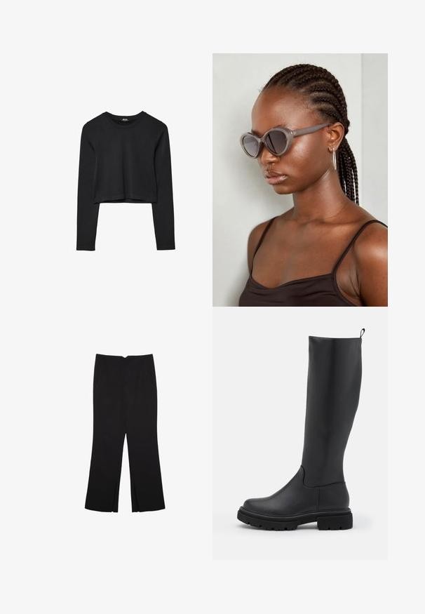 Czarny krótki top z długim rękawem, okrągłym dekoltem, gładkim wzorem i lekko zaokrąglonym dołem.; Czarne spodnie o prostym kroju, z przednimi kieszeniami i bocznymi rozcięciami na dole. Wykonane z miękkiego, gładkiego materiału. Odpowiednie na różne okazje.; Czarne kozaki do kolan wykonane z gładkiego, matowego materiału, z masywną podeszwą, zaokrąglonym noskiem i pętelką na górze ułatwiającą zakładanie.; Szare, przerośnięte okulary przeciwsłoneczne o zaokrąglonym kształcie i ciemnych soczewkach. Smukła plastikowa oprawka o gładkim wykończeniu. Model ma warkocze.