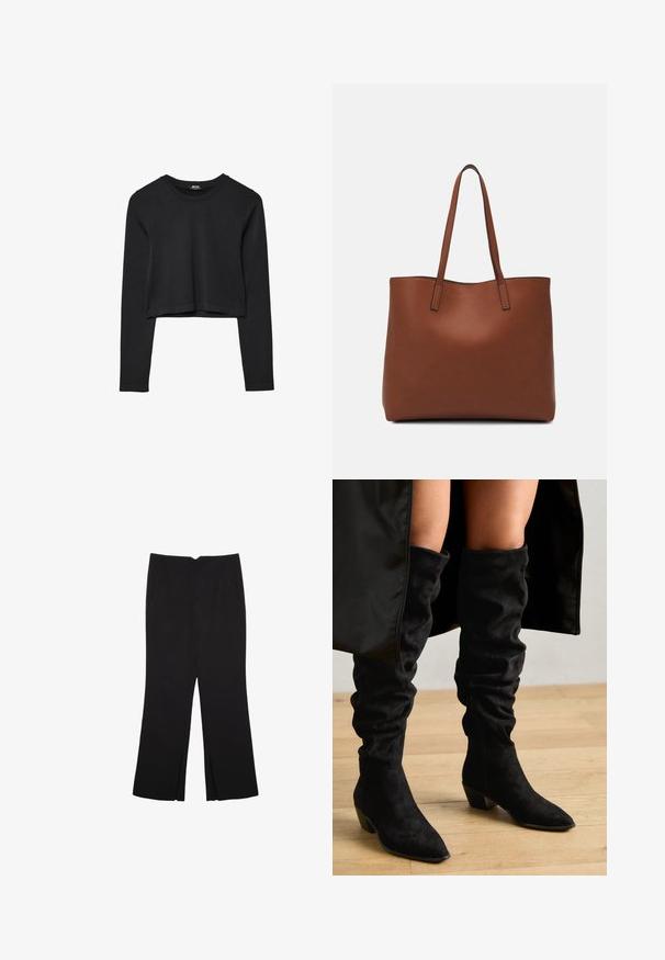 Schwarzes, langärmliges, kurz geschnittenes Oberteil mit Rundhalsausschnitt, schlichter Gestaltung und leicht abgerundetem Saum.; Schwarze Hose mit geradem Schnitt, ausgestattet mit Fronttaschen und Seitenschlitzen am Saum. Hergestellt aus weichem, glattem Stoff. Geeignet für verschiedene Anlässe.; Schwarze lässige kniehohe Stiefel aus Wildleder, mit spitzem Zehen und blockartigem Absatz, sichtbaren Nähten und einer eleganten Silhouette.; Braune Leder-Tote mit glatter Textur, offenem Oberteil und zwei Schulterriemen. Verfügt über minimale Nähte und keine sichtbaren Beschläge.