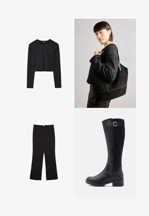 Svart långärmad croppad topp med rund halsringning, enkel design och en något rundad nederkant.; Svarta byxor med rak passform, utrustade med framfickor och sidoklyvningar vid fållen. Tillverkade av mjukt, slätt tyg. Lämpliga för olika tillfällen.; Svart knävärmande stövel med en slät läderfront, meshpaneler och en låg blockklack med rem och spänne.; Svart mocka tote-väska med en slät textur, strukturerad form och kontrasterande sömmar. Har långa bärremmar för axelbärande.