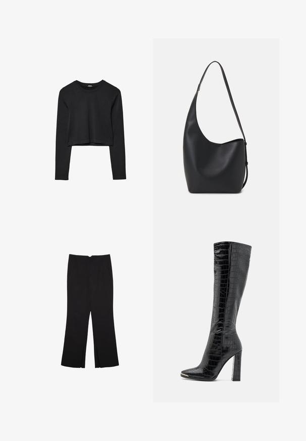 Mustat pitkät hihat lyhyt toppi, jossa on pyöreä kaula-aukko, yksinkertainen muotoilu ja hieman kaareva helma.; Mustat housut suoralinjaisella leikkauksella, joissa on etutaskut ja sivurei'ät helman alla. Valmistettu pehmeästä ja sileästä kankaasta. Sopii eri tilaisuuksiin.; RAID JOCELYN - Saappaat - black; Musta nahkainen hobo-laukku, jossa on sileä pinta, kaareva muoto ja yksi säädettävä olkahihna; sisäänkäynti on leveä ylhäältä.