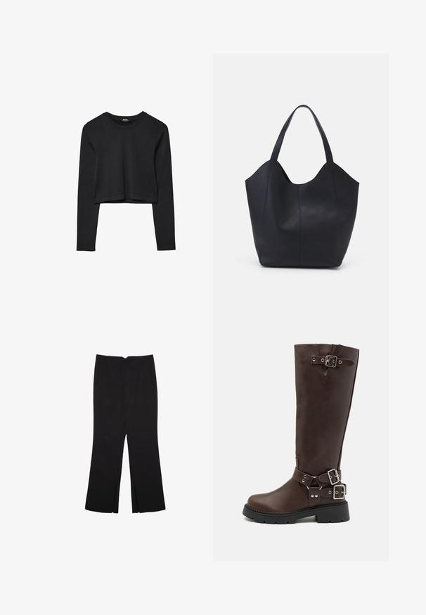 Top cropped nero a maniche lunghe con scollatura tonda, design semplice e orlo leggermente curvo.; Pantaloni neri a gamba dritta, con tasche frontali e spacchi laterali all'orlo. Realizzati in tessuto morbido e liscio. Adatti a diverse occasioni.; RAID WESTINN - Stivali con plateau - brown; Borsa tote nera realizzata in pelle liscia, con una parte superiore curva e aperta, dotata di due manici per spalla e un design minimalista.