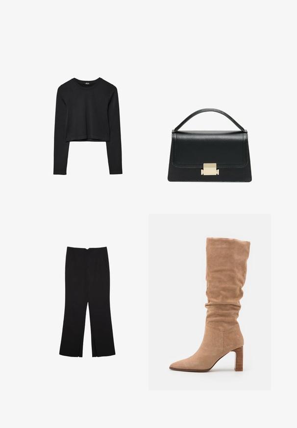 Mustat pitkät hihat lyhyt toppi, jossa on pyöreä kaula-aukko, yksinkertainen muotoilu ja hieman kaareva helma.; Mustat housut suoralinjaisella leikkauksella, joissa on etutaskut ja sivurei'ät helman alla. Valmistettu pehmeästä ja sileästä kankaasta. Sopii eri tilaisuuksiin.; Nahkaisen polvipituisen beigen saappaan löysä muotoilu, terävä kärki ja tukeva, uritettu palje. Liu'utettu pinta ja virtaviivainen muoto.; Musta nahkakäsilaukku, jossa on jämäkkä muotoilu, yläkahva ja kultainen metallisolki edessä. Sujuva pinta, minimaalinen ompelu.