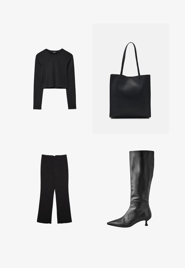 Haut court à manches longues noir avec encolure ronde, design uni et ourlet légèrement arrondi.; Pantalon noir avec une coupe droite, doté de poches avant et d'éclairs sur l'ourlet. Fabriqué en tissu doux et lisse. Convient à diverses occasions.; Bottes en cuir noir, montantes, à bout pointu et petit talon block, présentant une texture lisse et une silhouette épurée.; Sac fourre-tout en cuir noir avec une texture lisse, de forme rectangulaire et deux longues poignées. Pas de matériel ou d'ornementations visibles.
