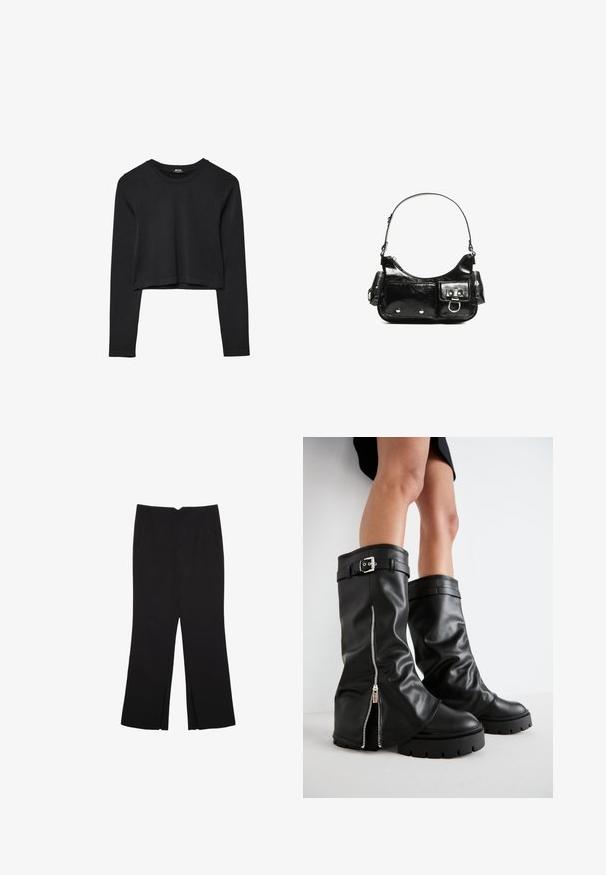 Svart långärmad croppad topp med rund halsringning, enkel design och en något rundad nederkant.; Svarta byxor med rak passform, utrustade med framfickor och sidoklyvningar vid fållen. Tillverkade av mjukt, slätt tyg. Lämpliga för olika tillfällen.; Svart läderknäbottar med breda skaft, med sidodragkedja och spänne, texturerad yta och kraftig gummisul.; Svart lackläderhandväska med en rundad form, en axelrem, framfickor och detaljer i silverfärg.