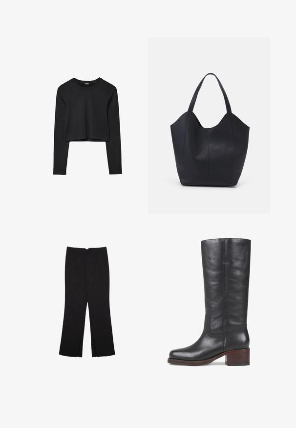 Črna dolgi rokavi prerezana majica s krožnim izrezom, enostaven dizajn in rahlo ukrivljen rob.; Črne hlače ravnega kroja z naglavnimi žepi in stranskimi razporki na robu. Narejene iz mehke, gladke tkanine. Primerne za različne priložnosti.; Črne usnjene škornje do kolen z gladko teksturo, kvadratnim nosom in zloženim lesenim peto. Imajo subtilne šive in stranski šiv.; Črna torba v obliki tote iz gladke usnjene površine, ki ima ukrivljen odprt vrh z dvema naramnicama in minimalističnim dizajnom.