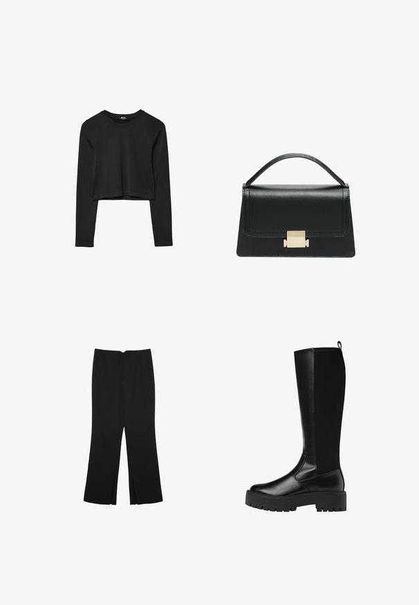 Mustat pitkät hihat lyhyt toppi, jossa on pyöreä kaula-aukko, yksinkertainen muotoilu ja hieman kaareva helma.; Mustat housut suoralinjaisella leikkauksella, joissa on etutaskut ja sivurei'ät helman alla. Valmistettu pehmeästä ja sileästä kankaasta. Sopii eri tilaisuuksiin.; Musta synteettinen saappaat polvipituisina, joissa on sileä, teksturoitu pinta ja paksu kumipohja. Takana on vetoketju, mikä helpottaa pukemista.; Musta nahkakäsilaukku, jossa on jämäkkä muotoilu, yläkahva ja kultainen metallisolki edessä. Sujuva pinta, minimaalinen ompelu.