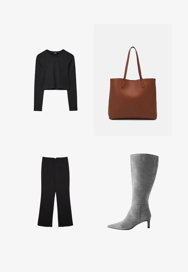 Czarny krótki top z długim rękawem, okrągłym dekoltem, gładkim wzorem i lekko zaokrąglonym dołem.; Czarne spodnie o prostym kroju, z przednimi kieszeniami i bocznymi rozcięciami na dole. Wykonane z miękkiego, gładkiego materiału. Odpowiednie na różne okazje.; Szare zamszowe kozaki do kolan z ostrym noskiem, cienkim obcasem i gładką teksturą. Charakteryzują się bezszwowym wzornictwem i pionowym detalem szwów.; Brązowa skórzana torba tote o gładkiej fakturze, z otwartym wierzchem i dwoma ramiączkami. Charakteryzuje się minimalnym przeszyciem i brakiem widocznych elementów metalowych.